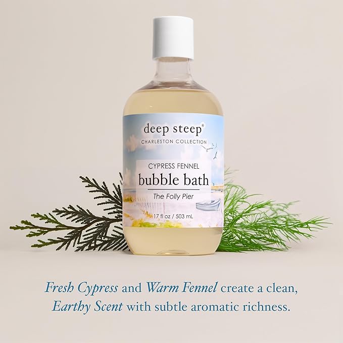 Deep Steep Cypress Fennel Bubble Bath for Women, Hypoallergenic, Clinically Tested, Clean Formula for Sensitive Skin, Sulfate-Free, 17 fl oz Bottle, Essential Bath Accessories