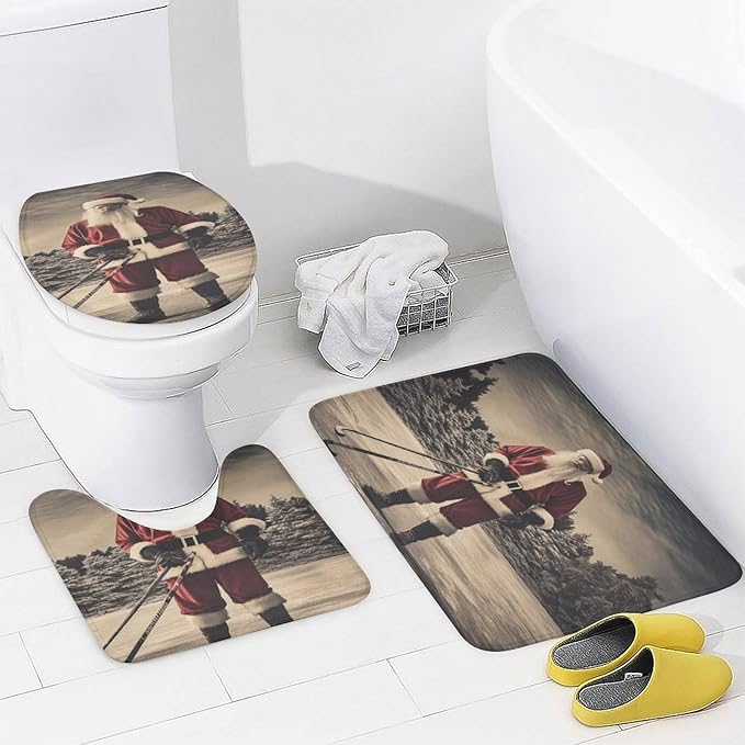 4 Piece Shower Curtain Sets Shower Curtain and Rugs Shower Curtain Set Santa Claus Playing Hockey Ice Skate Sport Durable and Waterproof Hockey Player for Bathroom Decor