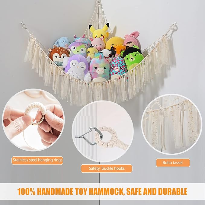 Stuffed Animal Storage Macrame Boho Plush Toy Net Hammock for Stuffed Animals with Light Pet Net for Stuffed Animals Corner Hanging Stuffed Animal Holder Teddy Bear Net for Kids Room (Shiny White)