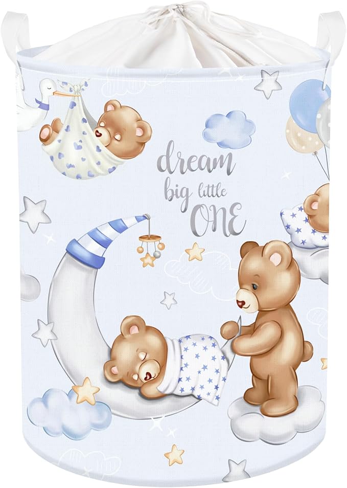 Clastyle 45L Large Blue Sleeping Bear Kid Boy Girl Laundry Hamper with Handle Collapsible Star Moon Clothes Toy Storage Basket with Lid for Nursery