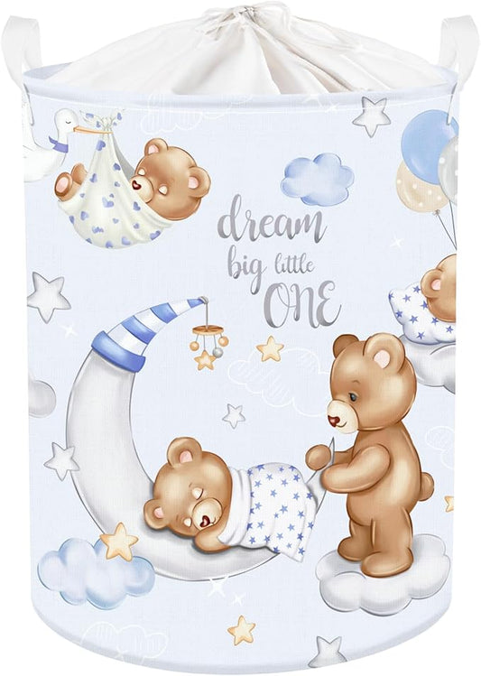 Clastyle 45L Large Blue Sleeping Bear Kid Boy Girl Laundry Hamper with Handle Collapsible Star Moon Clothes Toy Storage Basket with Lid for Nursery