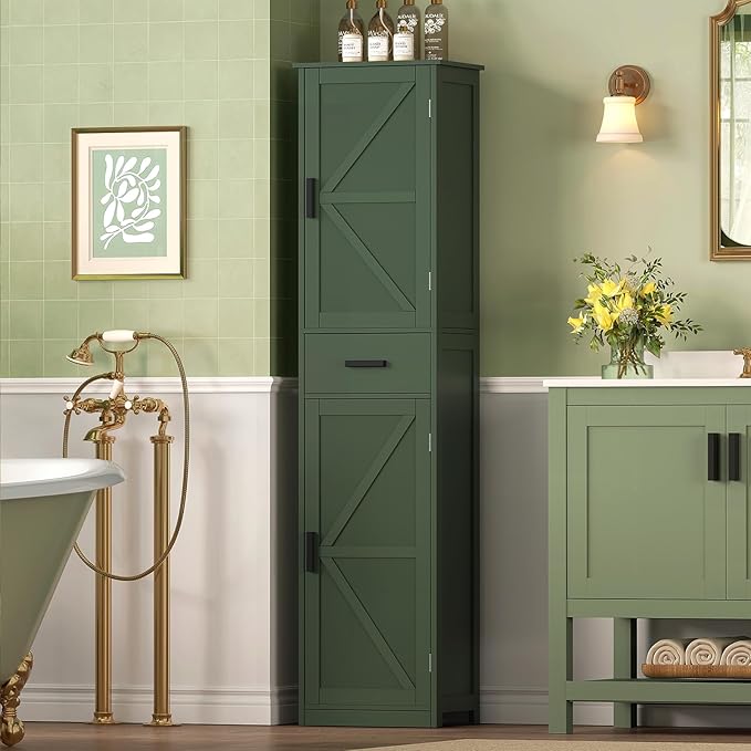 WEENFON Tall Bathroom Cabinet, Storage Cabinet with 6 Shelves & Drawer, Bathroom Storage Cabinet with Adjustable Shelves, Tall Cabinet for Living Room, Home Office, Forset Green