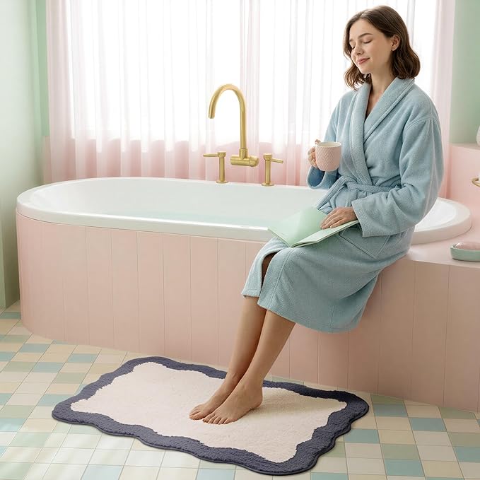 GRANNY SAYS Waved Deep Blue Bathroom Rugs, 32" x 20", Non-Slip Bath Mats for Bathroom, Plush Shag Absorbent Microfiber Ultra Soft Scalloped Bath Mat, Cute Washable Rug for Tub, Shower, Bedroom