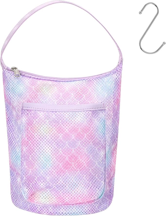 Kids Mesh Shower Caddy - Small Portable Toiletry Tote Bag for Camp Dorm Gym, Quick Dry Hanging Organizer with Zipper Pocket, Purple Mermaid