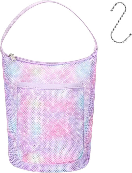 Kids Mesh Shower Caddy - Small Portable Toiletry Tote Bag for Camp Dorm Gym, Quick Dry Hanging Organizer with Zipper Pocket, Purple Mermaid