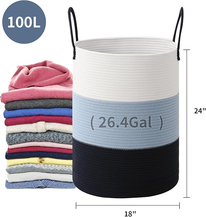 Woven Laundry Hamper Tall Rope Storage Basket for Blanket toys Dirty Clothes in Living Room Bathroom Bedroom (Gradient Blue, 100L/26.4Gal)