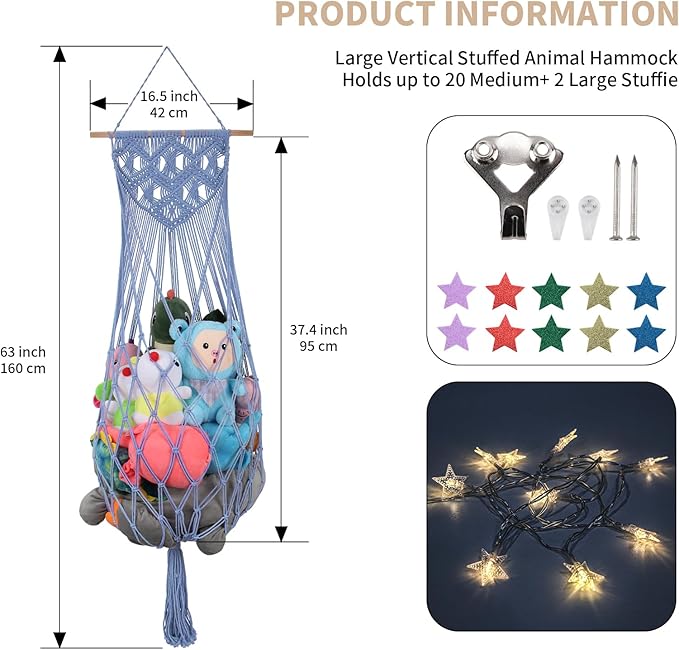 Stuffed Animal Storage Hammock Corner, 63'' Jumbo Boho Macrame Toy Holder Wall Mounted, Hanging Net Organizer for Nursery Decor, Dark Blue Plush Toy Net with Star Light for Boys Girls Gift