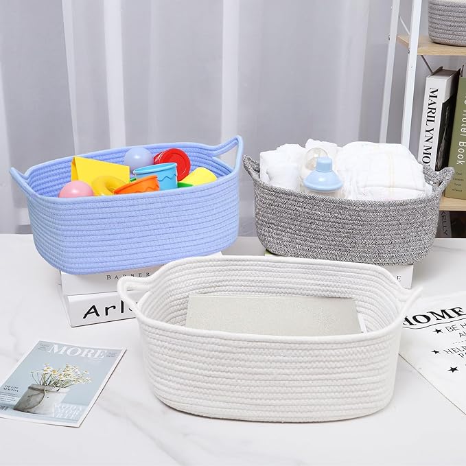 ABenkle Small Storage Basket with Handles, Cotton Rope Woven Dog Cat Toy Bin, Decorative Shelves Closet Organizing for Nursery Laundry Bedroom, 14.2''x 11''x 5.1''