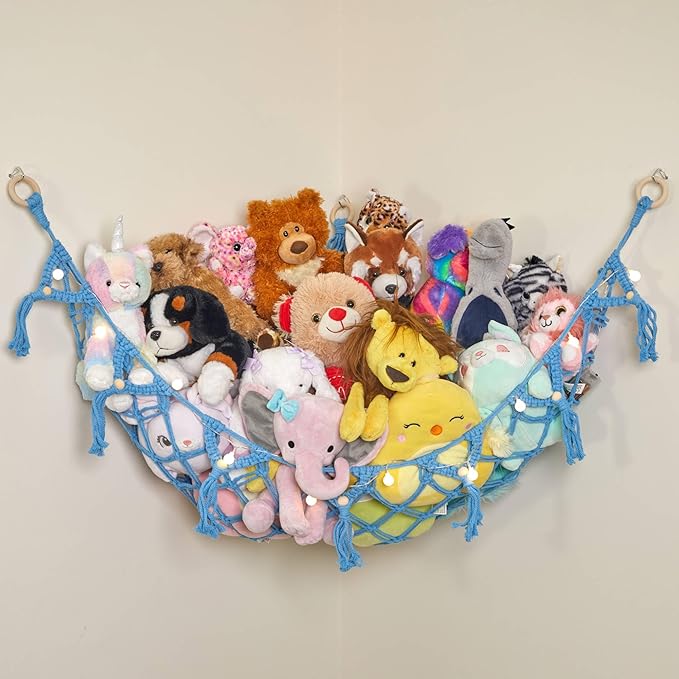 Lilly's Love Stuffed Animal Macrame Hammock w/String Lights | Large Boho Style Rope Net Holder for Kids Toys | Hanging Corner Nursery Storage Organizer for Your Plushie Pets (Light Blue)
