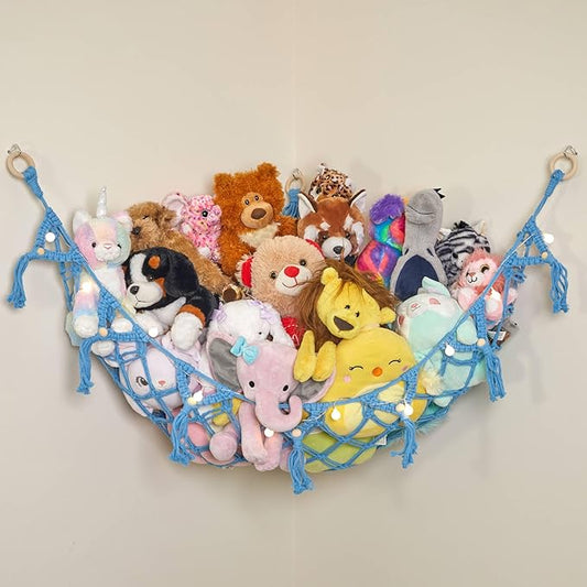 Lilly's Love Stuffed Animal Macrame Hammock w/String Lights | Large Boho Style Rope Net Holder for Kids Toys | Hanging Corner Nursery Storage Organizer for Your Plushie Pets (Light Blue)