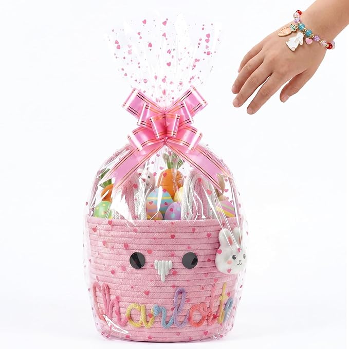Personalized Easter Baskets for Boys Girls with Bunny Bracelet, Cute Bunny Custom Easter Basket for Baby Boy Girl with Colorful Rope Embroidered Name for Egg Hunts (Cute Bunny Emoji)