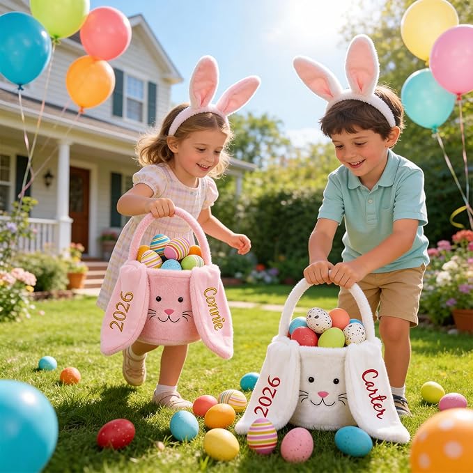 Personalized Easter Baskets for Kids Egg Basket Gingham Bunny Ear Bucket Candy with Handle Tote Bucket Reusable Goody Baskets for Kids Gifts Bags