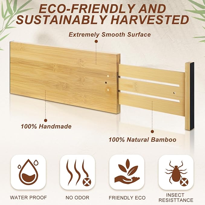 4 Pcs Deep Bamboo Drawer Dividers, Deep Kitchen Dresser Drawer Organizer with Spring Loaded for Clothes, Adjustable Expandable from 15-22 Inch (Wood Color,6 Inch)