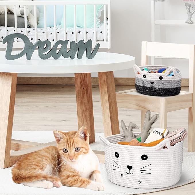 Zopeal Cat Basket Storage Woven Organizer with Ears Christmas Decorative Pet Toy Cute Cotton Rope Basket for Gift Cat Dog Toy Bin Nursery Room(13.7 x 7.8 Inch,White)