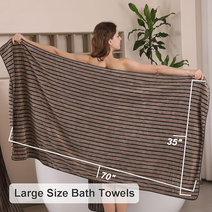 8 Pcs Polyester Brown Cabana Stripe Large Bath Towel Set-2 Bathroom Towels,2 Hand Towels,4 Washcloths Lightweight 600GMS Bath Sheet Absorbent Shower Towel Quick Dry Beach Chair Spa Gym Hotel Towels
