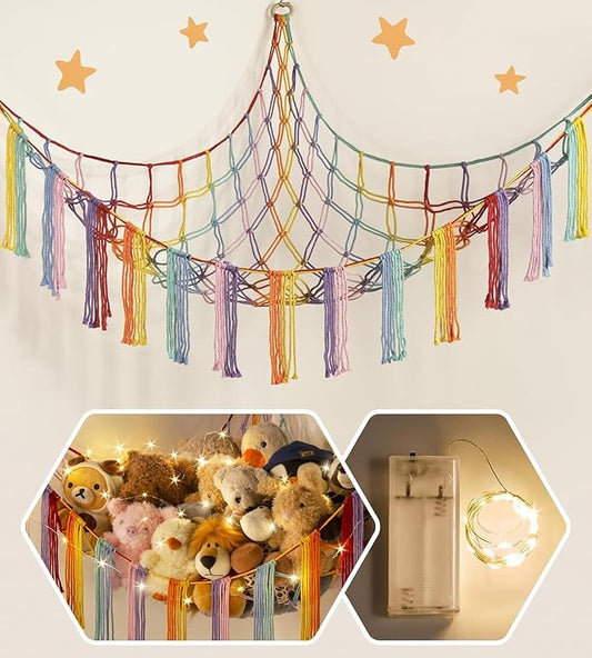 Stuffed Animal Storage Hammock Corner X-Large with LED Light - Baby Hammock Hanging Holder Plushies Net for Stuff Animals Organizer - Cute Room Decor Aesthetic Kids Toddler Nursery Bedroom