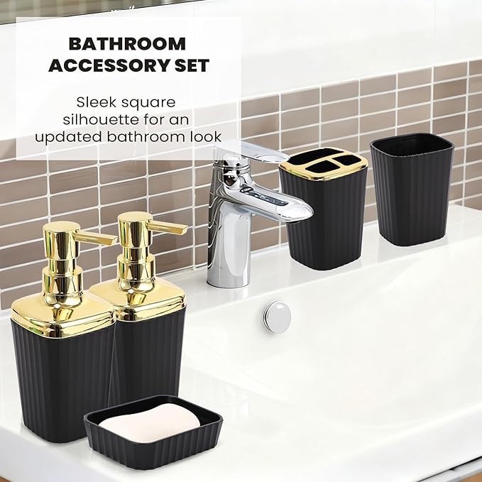 9-Piece Black & Gold Bathroom Set with Press-Top Slim Trash Can - Modern Bathroom Accessories Sets with Toilet Brush, Soap Dispenser, Toothbrush Set, Soap Dish & Apothecary Jars
