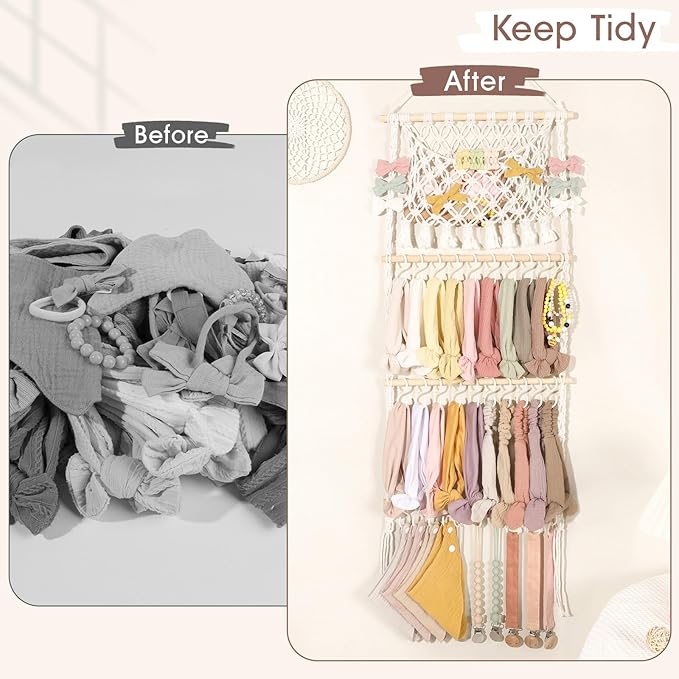 POVETIRE Headband Holder Hair Bow Organizer for Girls, Macrame Bow Holder Hair Accessories Organizer Storage Large Capacity Wall Hanging for Toddler Girl Nursery Room Decor