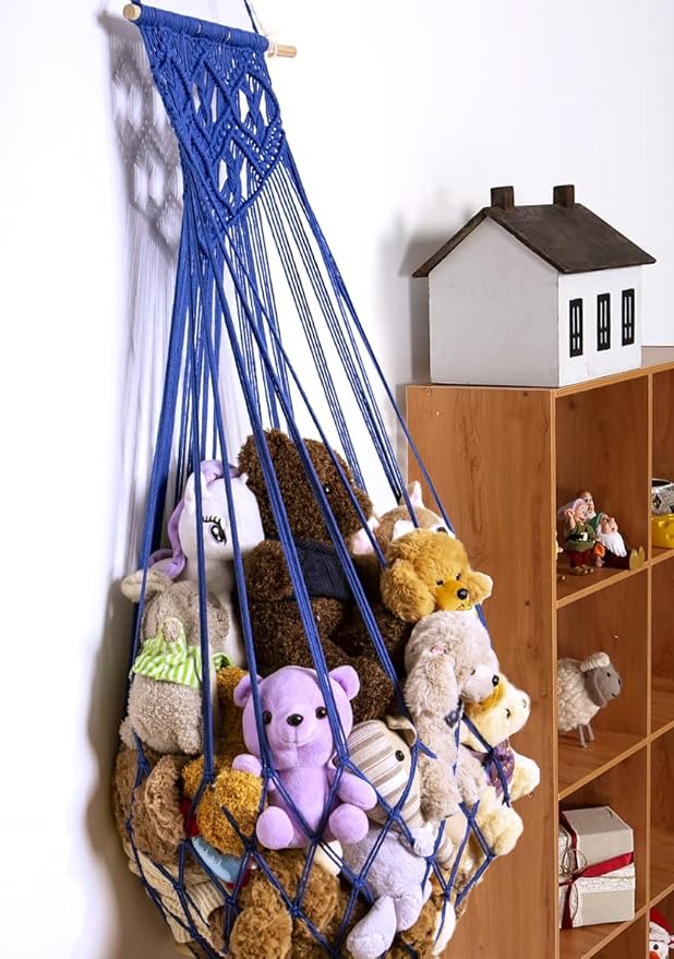Stuffed Animal Hammock Wall Hanging Net for Stuffed Animal Net Stuffed Animal Storage Plush Toy Holder Toy Organizer for Boho Kidroom Nursery (Blue)