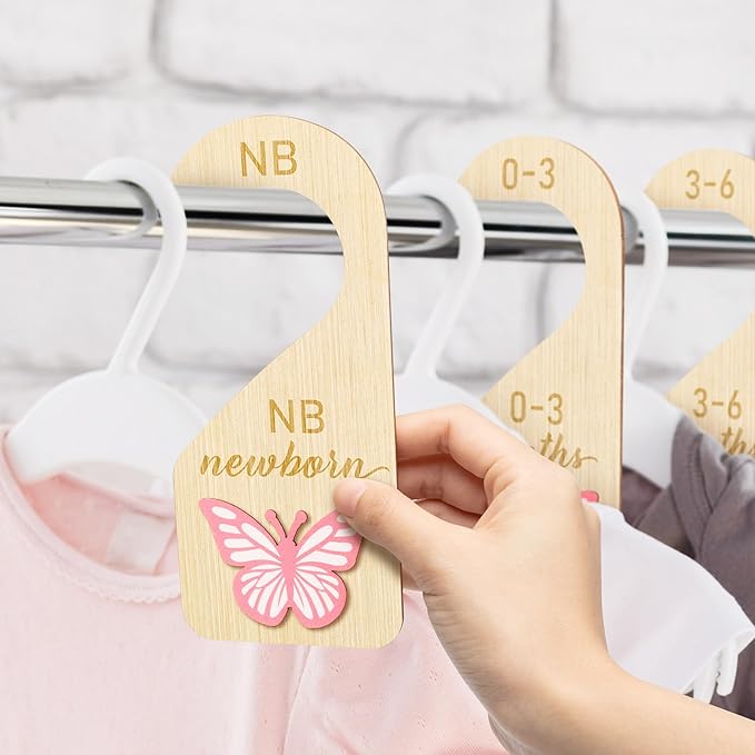 R HORSE 3D Wooden Baby Closet Dividers - 8Pcs Pink Butterfly Baby Closet Organizer, Double-sided Newborn Clothes Size Hanger Dividers Nursery Decor Birthday Gift for Boys Girls, 0-24 Months