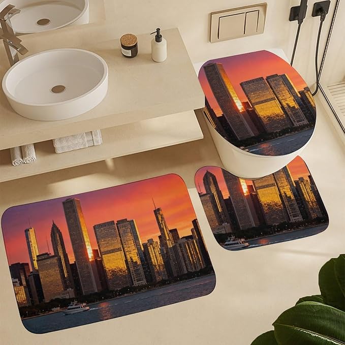 4 Piece Bathroom Rug Set with Shower Curtain, Non-Slip Bath Mat Toilet Cover Set, Skyline Bathroom Rug Sets