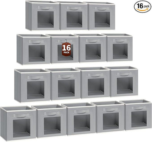 Foldable Storage Cubes - Square Organizer with Window, Decorative Baskets for Organizing, Fabric shelf Basket for Clothes, 11 Inch Closet Storage Cubes, Set of 16, Grey