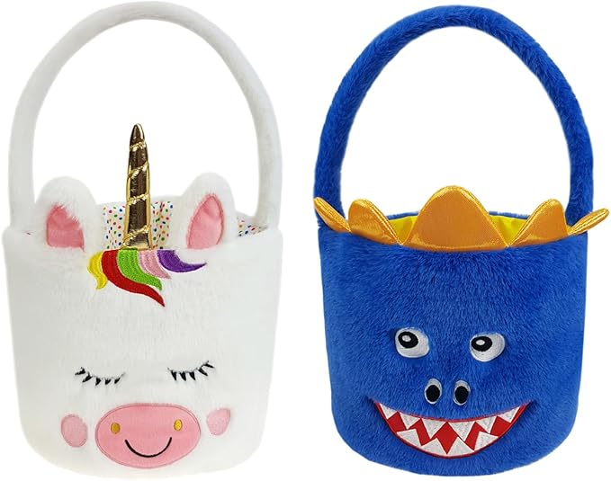 DearSun 2 Pcs Easter Basket Dinosaur & Unicorn Plush Baskets, Easter Egg Hunting Basket for Kids Gifts Party Decoration Supplies, Dia 8" * H 15.7"