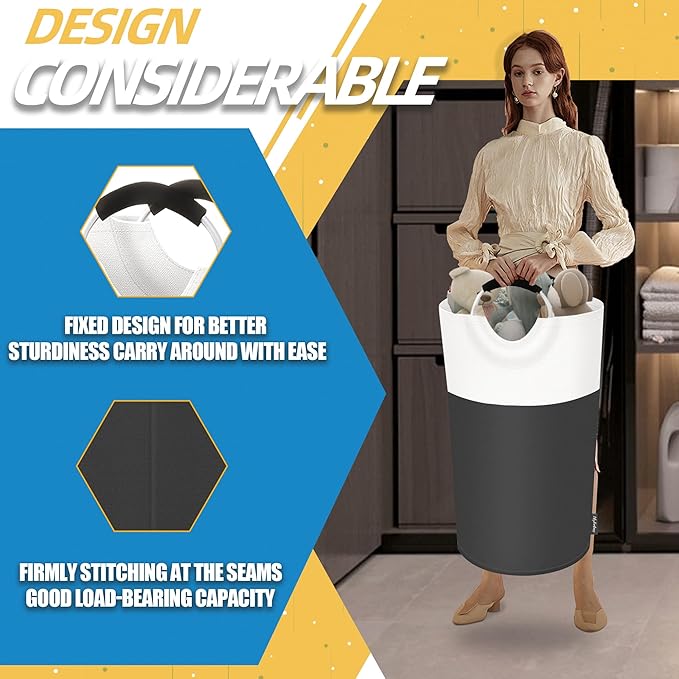 90L Laundry Basket, Collapsible Laundry Hamper with Padded Handles, Waterproof Laundry Bag, Tall Clothes Hamper Stand Up Well, Foldable Laundry Baskets for Easy Storage(Grey)