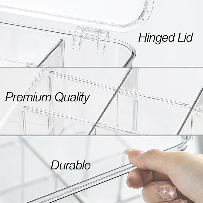 Plastic Clear Storage Containers, Set of 2, Sock Organizer Divided Boxes with Lids, Underwear Drawer Organizer, Tie Dresser Organizer (11.8×9.4×3.9")