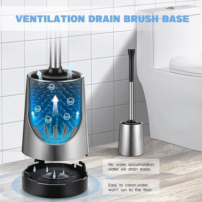 HAMITOR Toilet Bowl Brush Holder Set: Silicone Stainless Steel Deep Cleaning Toilet Cleaner Brush for Bathroom Restroom - Compact Modern Rv Toilet Scrubber Accessories with Caddy