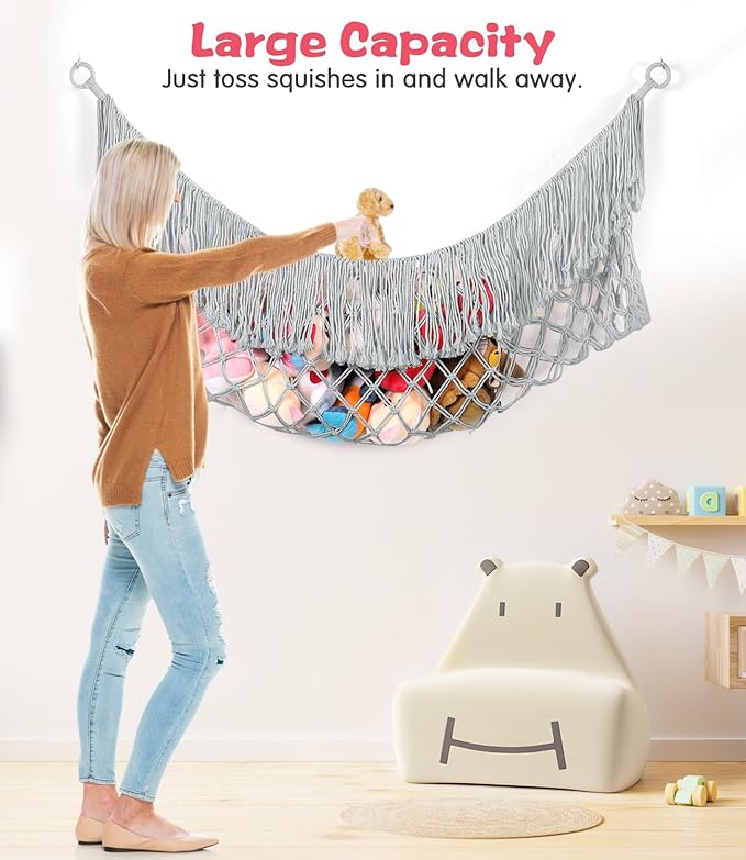 Stuffed Animal Hammock - Extra Large 63'' Long, Stuffed Animal Storage, stuffed animal Holder net, Hammock Large, Storage Hanging Organizer - Light grey