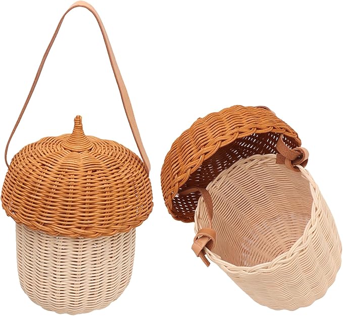 Fdit Kids Rattan Storage Basket Bag, Hand Woven Pine Cone Shaped Basket for Boys Girls Home Decor Storage Box Photography Props (Large Handbag)