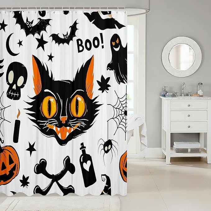 Halloween Cartoon Cat Shower Curtain,Cat Bat Pumpkin Lantern Spider Web Bath Curtain for Kids Bathroom Decor,Watercolor Moon and Star Print Waterproof Shower Curtain 72" Wx84 L
