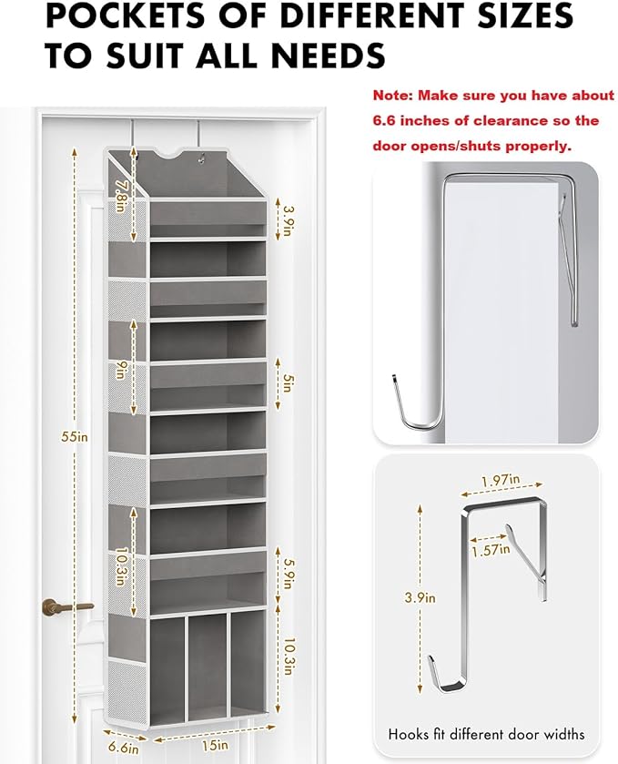 Over The Door Organizer with 6 Large Clear Pockets 12 Mesh Side Pockets - 50LB Heavy Duty Behind Door Storage, Door Hanging Storage for Closet Bathroom Pantry Nursery Laundry