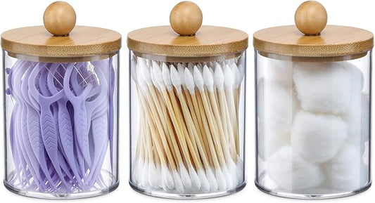 3 Pack Qtip Holder Dispenser with Bamboo Lids - 10 oz Clear Plastic Apothecary Jar Containers for Vanity Makeup Organizer Storage - Bathroom Accessories Set for Cotton Swab, Ball, Pads, Floss