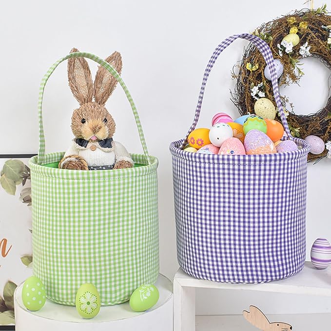 Plaid Easter Basket Stitch Easter Bag for Kids Colorful Cloth Baskets with Long Handle 9 Inch Spring Decorations (Green)