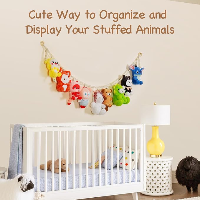 2 Pack Stuffed Animal Storage Chain Boho Room Decor, Hanging Stuffed Animal Holder with 20 Metal Clips, Macrame Plush Toy Corner Organizer for Kids Baby Nursery Bedroom Playroom Wall Decor