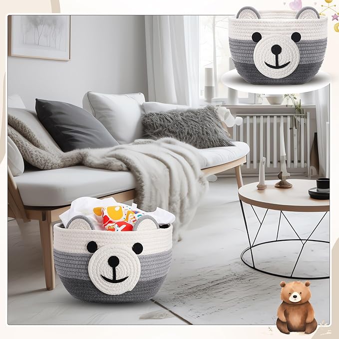 Zopeal Bear Basket 13" D x 9.5" H for Nursery Cotton Rope Woven Cute Storage Basket with Handles Animal Hamper for Baby Shower Laundry Bathroom Home Decorative