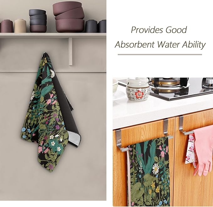 2 Pcs Green Herbs Wild Flower Decorative Hand Towels for Bathroom,Soft Absorbent Vintage Spring Floral Botanical Black Dish Towels for Kitchen,Quick Dry Guest Bathroom Towels for Face 14"x28"