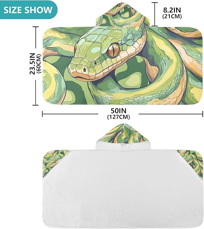 Green Snakes Kids Beach Towels with Hood for 3-10 Years, Girls Boys Bath Towel Poncho Hooded Towel Wrap, Bathroom, Pool Swim Towels 23.5x50 in