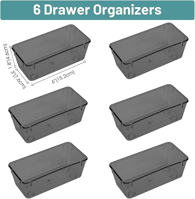 WOWBOX 6 PCS Clear Plastic Drawer Organizer Set, Desk Drawer Divider Organizers and Storage Bins for Makeup, Jewelry, Gadgets for Kitchen, Bedroom, Bathroom, Office, Black