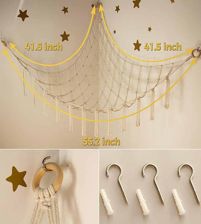 Stuffed Animal Storage Hammock or Net Corner - Large Toy Hammock Net for Stuffed Animals Room Decor - Cute Stuff Animal Organizer Plush Holder - Kids Baby Nursery Essentials Wall Bedroom Home Decor