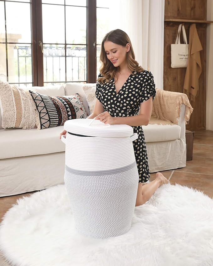 26" x 20" Handcrafted Tall Cotton Rope Basket with Lid, Stylish Flagon Shape with Cover, Clothes Hamper with Top, for Bedroom and Living Room, White/Grey Mix