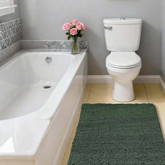 Hunter Green Bathroom Rugs 26"x44" - Thick Plush Chenille Non-Slip Bath Mat - Absorbent, Washable, Soft Decor for Sink, Shower, Tub, Kitchen, Vanity, Home Accessories