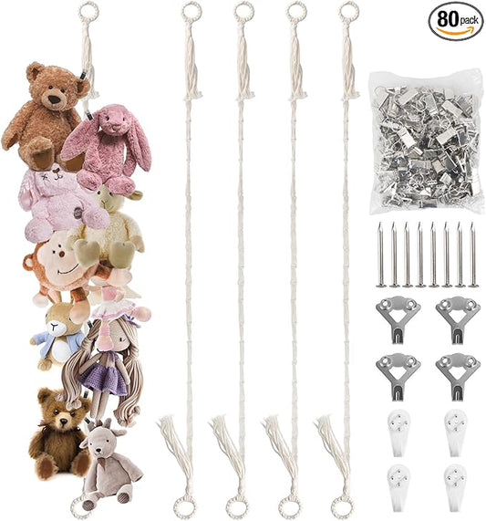 Munzong Stuffed Animal Storage Chain 80 Inch, 4pcs Beige Hanging Stuff Animals organizer, Cotton Toy Display Chain with 80 Clips, Toys Organizers Holder for Room Wall Corner Decor