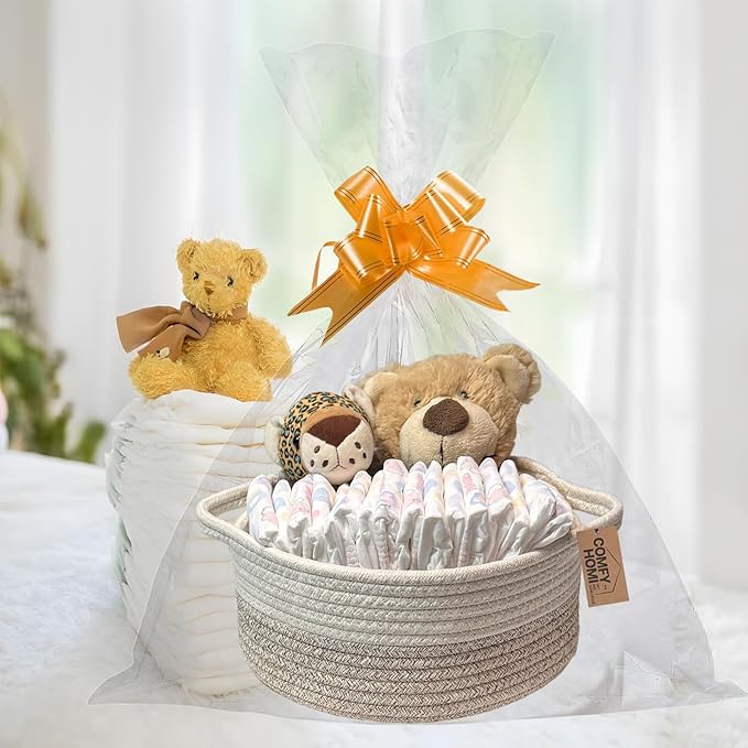 COMFY HOMI Small Woven Gift Baskets with Handles, Gift Bags and Ribbons - Cotton Rope Storage Basket for Organizing, Dog Toy Basket Box, Gift Baskets Empty, Mother’s Day-φ11X5 Inch,（white/brown）