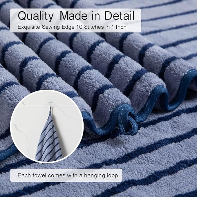 8 Pcs Navy Cabana Stripe Large Bath Towel Set Oversized Bath Sheet 2 Bathroom Towels,2 Hand Towels,4 Washcloths Soft Jumbo Towels Absorbent Shower Towel Quick Dry Beach Chair Spa Gym Hotel Towel Set