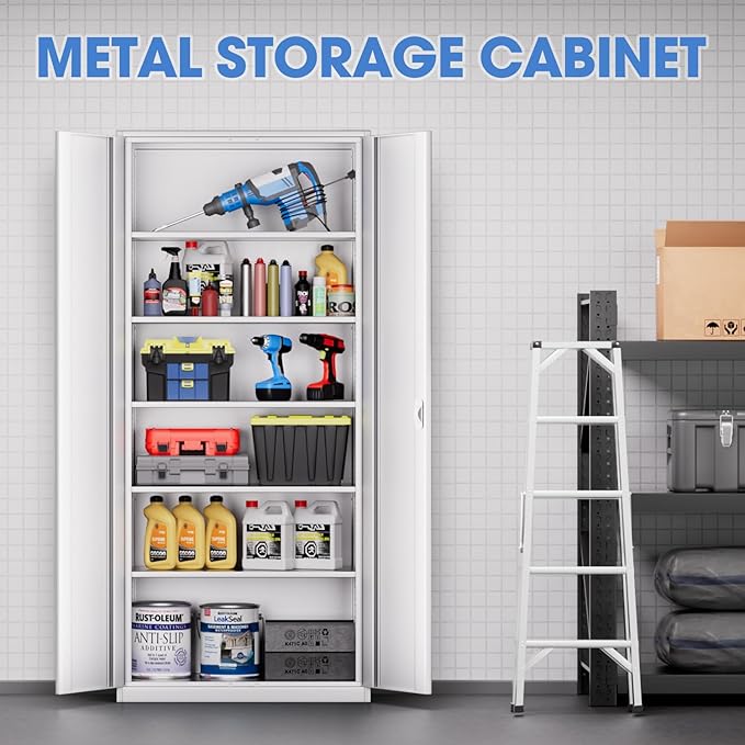 DNA Motoring 71'' Metal Storage Cabinet, Locking Tool Cabinet with 5 Adjustable Shelves, Heavy Duty Metal Locker for Garage,Office,Home,Gym,White, TOOLS-00632-WH-WH-A