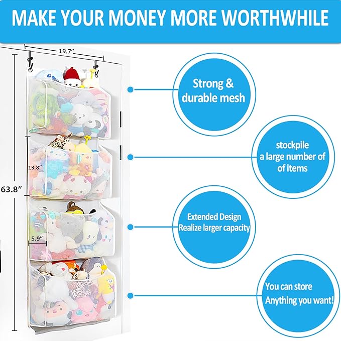 Toread Upgraded Over the Door Stuffed Animal Organizer – Adjustable No-Damage Hooks, 3D Design with 50% More Capacity, for Plushies, Stuffed Animals & Toy Storage