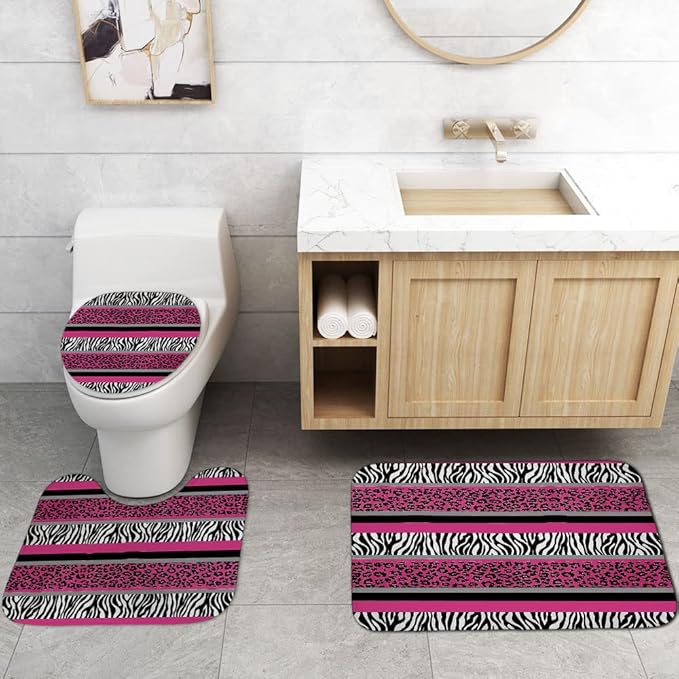 4PCS/Set Hot Pink Leopard Print Shower Curtain, Black and White Zebra Print Wildlife Safari Animal Skin Stripe Fashion Women Girly Bathroom Decor, Non-slip Bath Mat Toilet Rug, Cheetah & Zebra